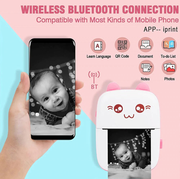 Mini Ink-Free Bluetooth Printer + 3 Free Rolls